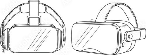 Black and white virtual reality headset illustration showing modern VR goggles, immersive technology device, clean outline vector artwork for gaming, metaverse, and digital innovation design