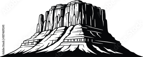 Black and white desert mesa illustration with dramatic rock butte silhouette, southwestern landscape engraving style, minimal vector artwork for posters, branding, and vintage design