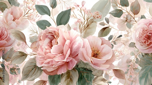 Pink peony roses bouquet watercolor floral seamless pattern background romantic soft pastel vintage illustration
