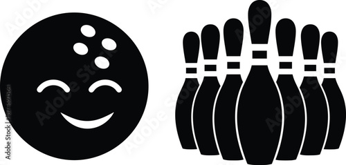 Bowling strike illustration, smiling bowling ball hitting pins, sports victory concept, black silhouette icon vector design