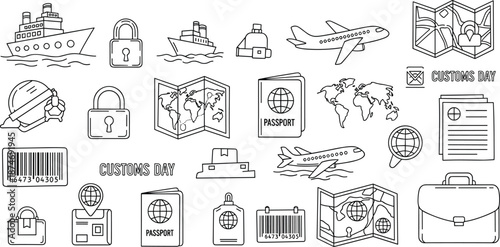 Customs Related Icons Set Ships Airplanes Passports Maps and Locks Keywords: customs, travel, transport, ship, boat, airplane
