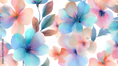 Soft pastel watercolor flowers blooming with delicate petals in dreamy spring background for art design
