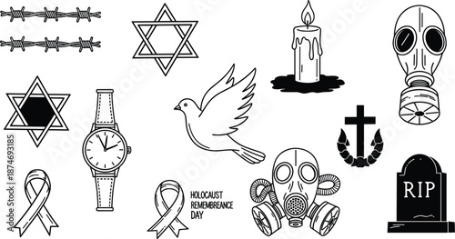 Line art icons representing remembrance and loss including barbed wire, gas masks, and a tombstone grief