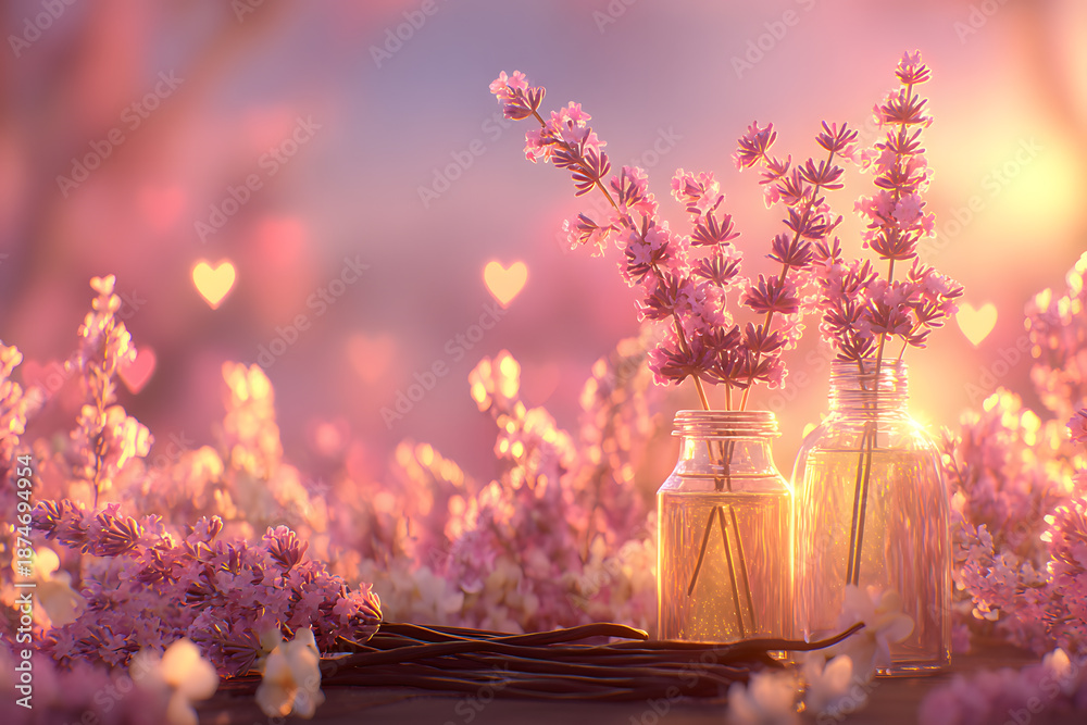 Fototapeta premium Romantic Lavender Flowers in Glass Jars with Heart Bokeh at Sunset