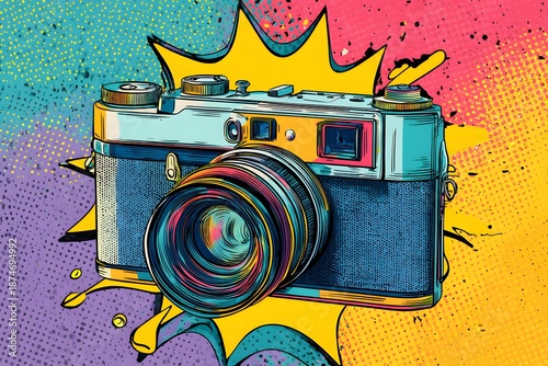 Colorful retro camera illustration on a bright pop art background with dynamic shapes and vibrant colors