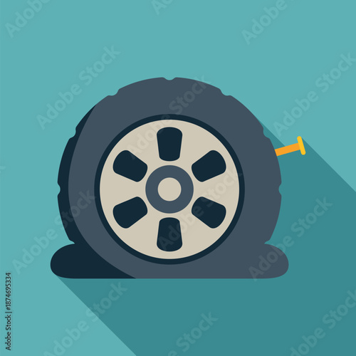 Automobile wheel with a flat tire after a nail causes a puncture