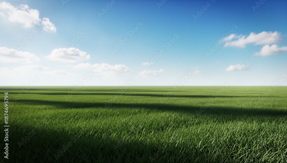 Fototapeta premium Vast green meadow under a clear blue sky with scattered white clouds and long shadows