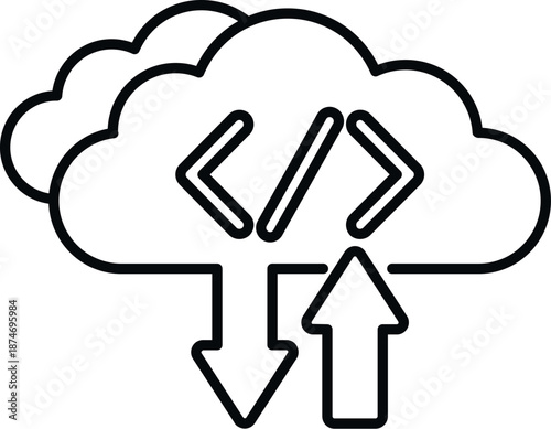 Cloud computing icon showing code being uploaded and downloaded