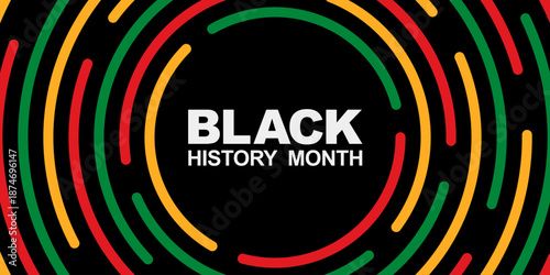 Black History Month banner. African American History. Abstract celebration banner with red, green and yellow circles on a black background. Vector illustration