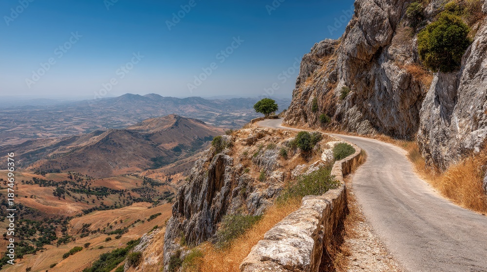 Obraz premium Scenic winding road through rocky mountains with vast valley views under clear blue sky, showcasing nature's beauty and serene landscapes in vibrant colors