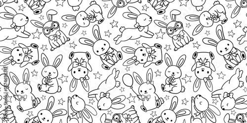 bunny rabbit seamless pattern coloring book black line art silhouettes with stars and bows kids children nursery design outline vector illustration