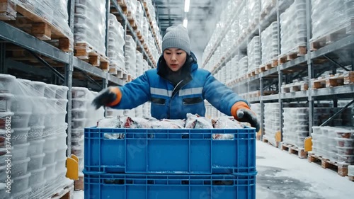 Worker in cold storage warehouse with frozen fish, ice vapor