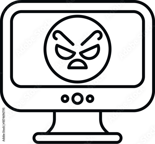 Computer monitor displaying an angry emoji, representing online harassment and cyberbullying