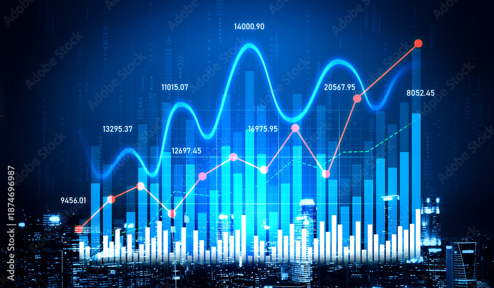 Naklejka premium Dynamic financial data visualization featuring colorful graphs and charts over a city skyline. Ideal for illustrating growth, analysis, and business success. Scalp