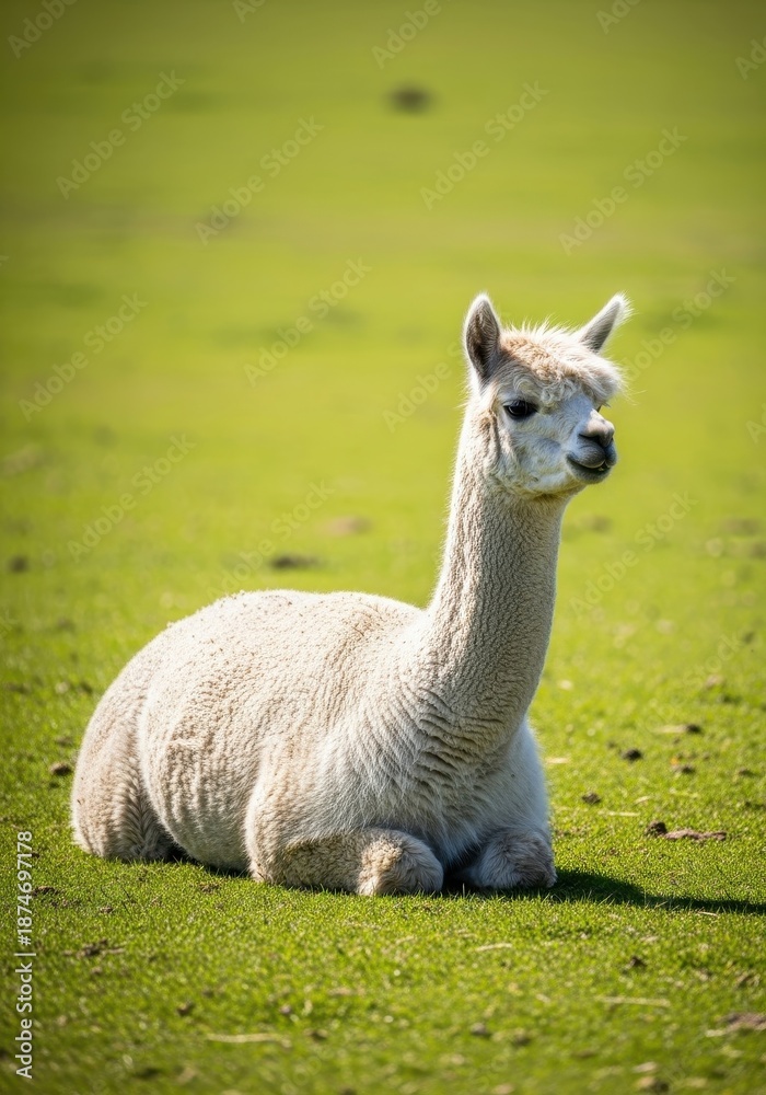 Fototapeta premium Fluffy domesticated alpaca resting peacefully in an open pasture. The animal's soft fiber coat is visible and textured, nature, herbivore, alert