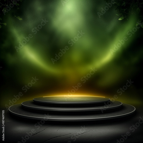 Futuristic Dark Round Podium with Green Mist and Spotlight created with Generative AI Technology, ai, generative
