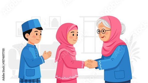 A charming flat design illustration showing Muslim children greeting an elderly woman on Idul Fitri, expressing respect and seeking forgiveness