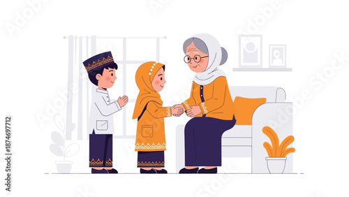 A charming flat design illustration showing Muslim children greeting an elderly woman on Idul Fitri, expressing respect and seeking forgiveness