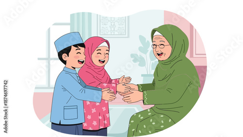 A charming flat design illustration showing Muslim children greeting an elderly woman on Idul Fitri, expressing respect and seeking forgiveness