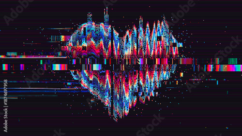 Glitch Heart Signal with RGB Distortion. Abstract Futuristic Technology Background