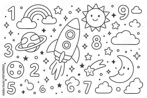 Space-themed coloring page with rocket, numbers, and celestial elements for kids