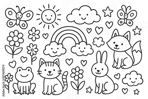 Cute outline animals and nature doodles with rainbows and clouds