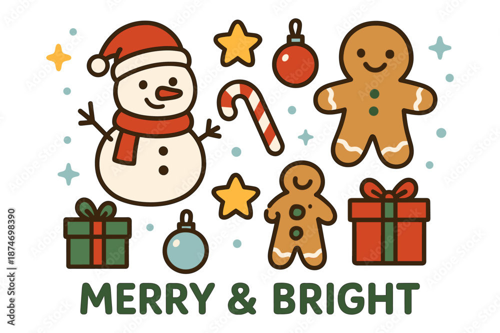 Fototapeta premium Festive snowman and gingerbread with holiday decorations on a merry & bright background