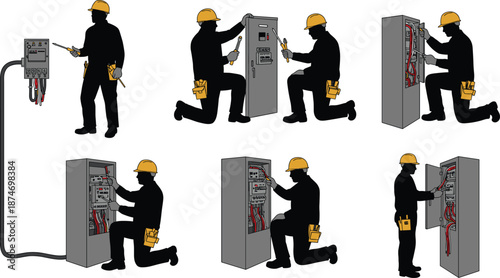 Electrician working illustration, electrical panel repair, technician maintenance vector, safety engineer artwork, wiring inspection design, industrial worker graphic, energy system repair drawing