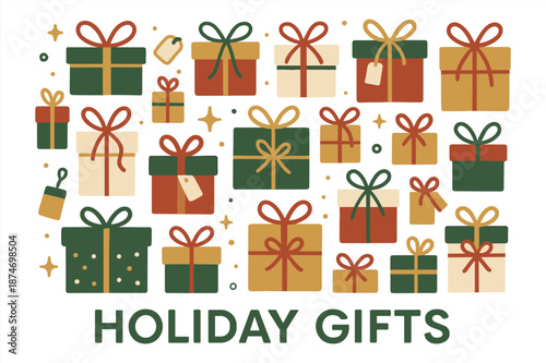 Colorful holiday gifts with bows and tags on white background