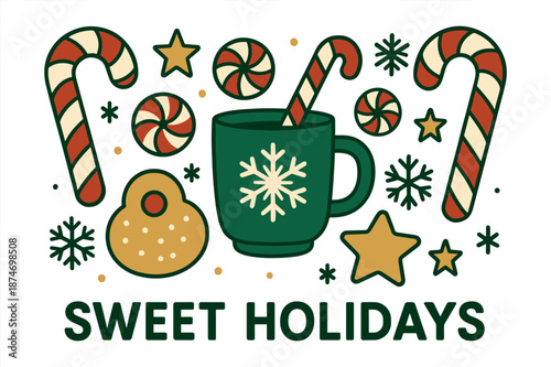 Festive holiday treats and candy cane celebration with mug and snowflakes
