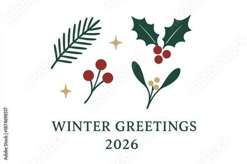 Winter greetings card 2026 with festive berries and leaves design