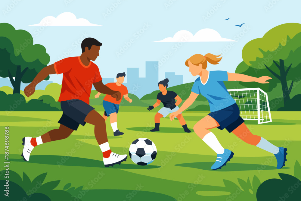 Obraz premium Diverse kids engaged in outdoor soccer game in park setting