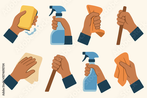 Various hand positions holding cleaning tools and supplies