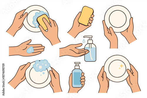 Cartoon hands cleaning dishes with soap and water