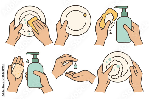 Hand washing and dish cleaning steps using soap