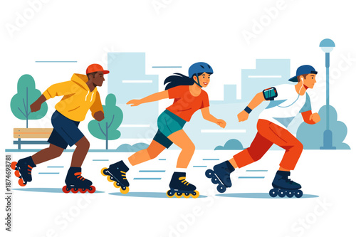 Group of diverse young adults rollerblading in park with city skyline background