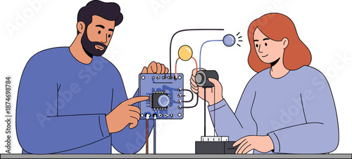 Electronics project teamwork, microcontroller system, motor and sensor setup, STEM education, circuit board, innovation, wiring, tools, coding, diagnostics