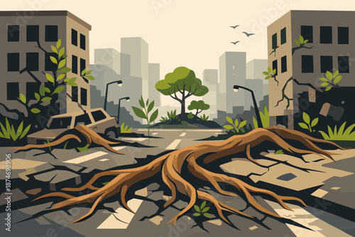 Overgrown urban decay street with tree roots and abandoned buildings