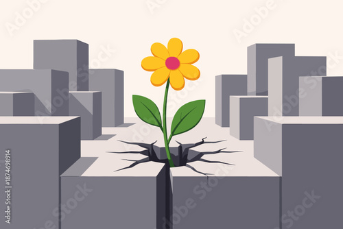 Yellow flower growing through concrete in urban environment