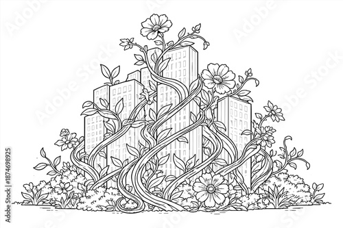 Floral overgrowth on city buildings: nature and urban harmony sketch
