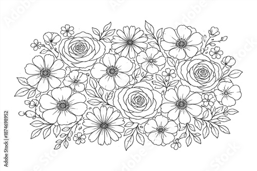 Intricate floral outline of roses and daisies with leaves and buds