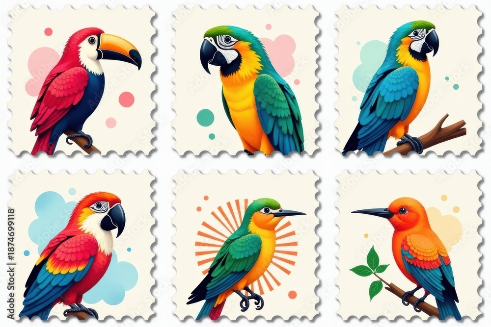 Fototapeta premium Tropical Birds Vintage Stamp Set: Parrots, Flamingos Illustration