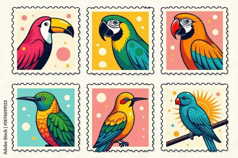 Fototapeta premium Tropical Birds Vintage Stamp Set: Parrots, Flamingos Illustration