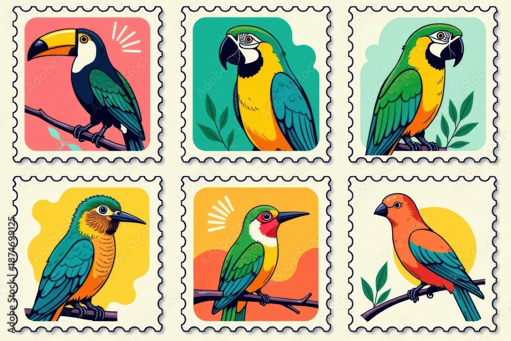 Fototapeta premium Tropical Birds Vintage Stamp Set: Parrots, Flamingos Illustration