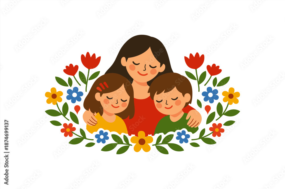 Fototapeta premium Caucasian female adult with children embracing surrounded by colorful flowers