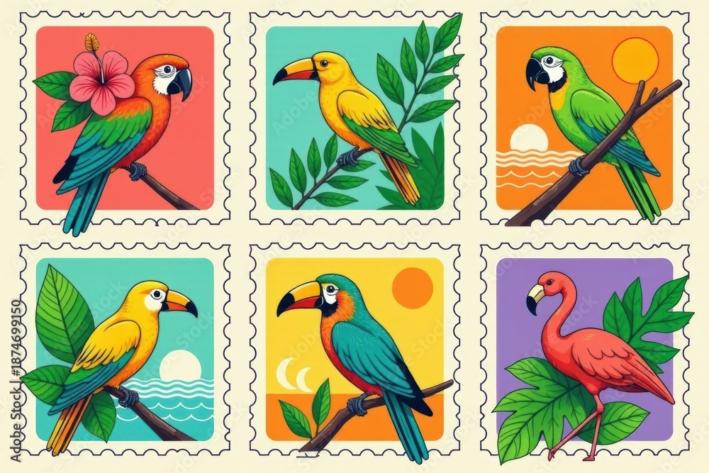 Fototapeta premium Tropical Birds Vintage Stamp Set: Parrots, Flamingos Illustration