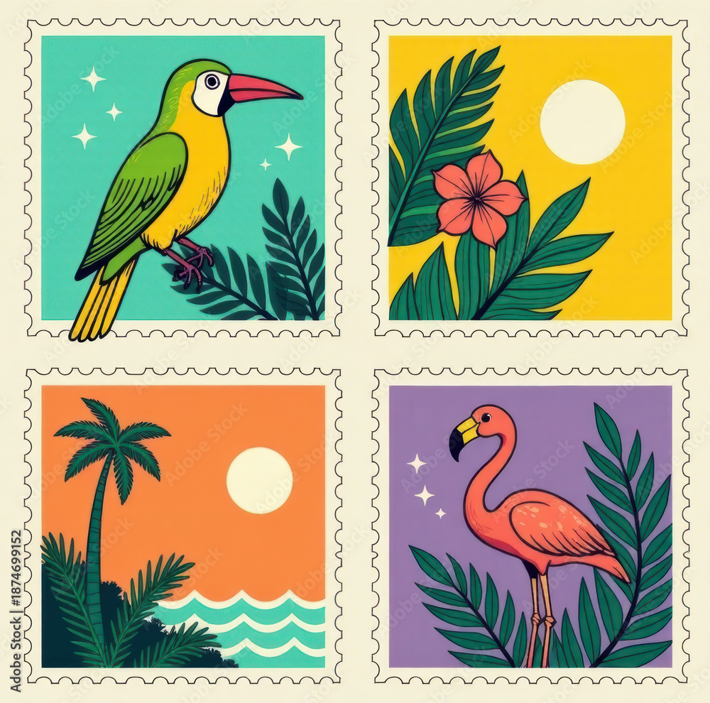 Fototapeta premium Tropical Birds Vintage Stamp Set: Parrots, Flamingos Illustration