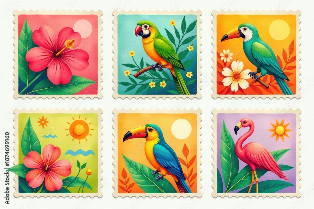 Fototapeta premium Tropical Birds Vintage Stamp Set: Parrots, Flamingos Illustration