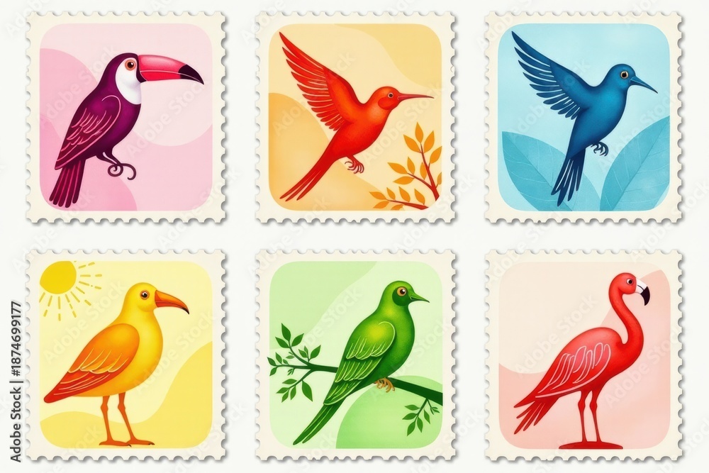 Fototapeta premium Tropical Birds Vintage Stamp Set: Parrots, Flamingos Illustration