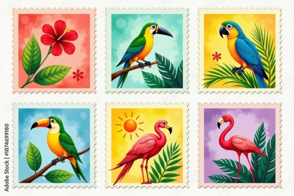 Fototapeta premium Tropical Birds Vintage Stamp Set: Parrots, Flamingos Illustration